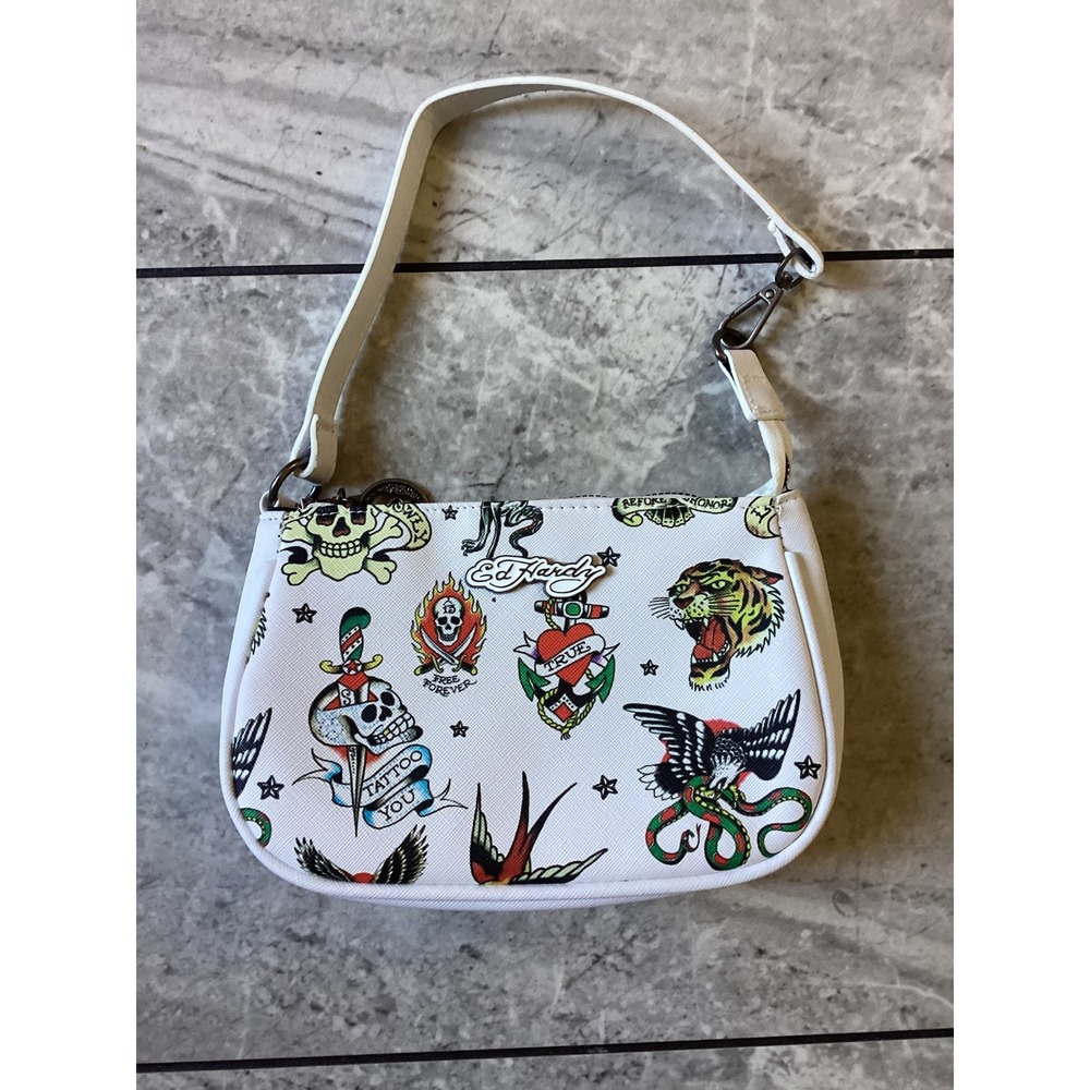 Ed Hardy NWOT White Tattoo Flash Baguette Shoulder Bag Y2K Tiger Skull Graphic